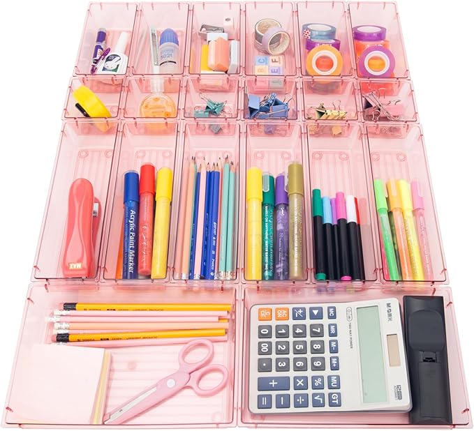 25 Pack Desk Drawer Organizer Set,Vanity and Desk Drawer Storage Bins,Clear Plastic Drawer Organizer Trays for Makeup,Office,Bathroom and Kitchen(pink)