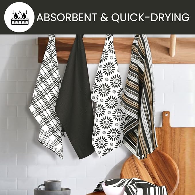 Assorted Kitchen Towels Large 16x26 inches 100% Cotton Set of 5 - Soft Absorbent Washable Tea Towel for Kitchen - Dish Cloths with Hanging Loop - Quick Drying Dish Towels Black