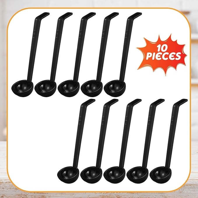 Tioncy 10 Pcs 1 oz Small Ladle 7.1 Inches Mini Ladle for Serving Sauce, Soup, Dressing, Punch Bowl, Gravy, Cocktail, Fruit Juices Reusable Plastic Long Handle Spoon for Party Banquets Catering(Black)