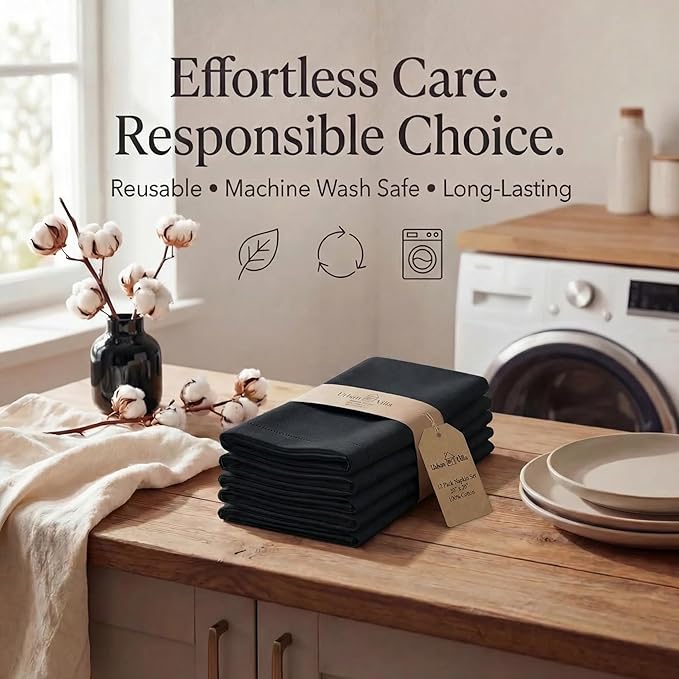 Urban Villa Cloth Napkins Set of 12 20x20 Inches 100% Cotton Napkins Cloth Washable Durable Reusable Absorbent Table Dinner Napkins Cloth for Christmas Hotel Lunch Restaurant Weddings Parties - Black