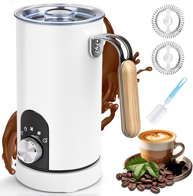 5-in-1 Electric Milk Frother and Steamer, Automatic Milk Foamer Hot Chocolate Maker with Wood Grain Handle, 11.8oz Milk Warmer and Heater for Latte, Cappuccino, Hot Cocoa Maker, Frother for Coffee