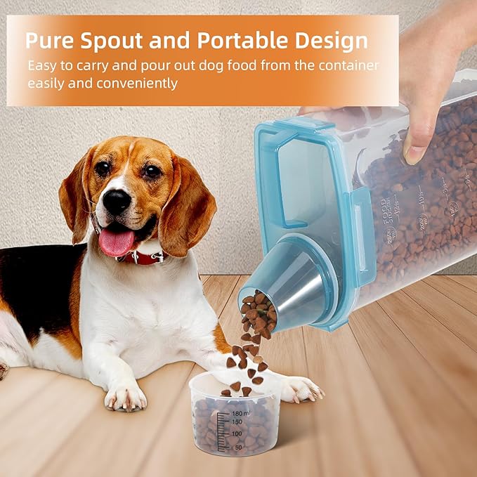 LEAWALK 3-5Lbs/3Qt Dog Cat Food Storage Container With Foldable Bowl. Plastic Pet Food Dispenser for Small Animal Kibble/Pet Food/Bird Seed/Oatmeal/Rice/Flour/Brown Sugart/Cereals (Clear Bule)