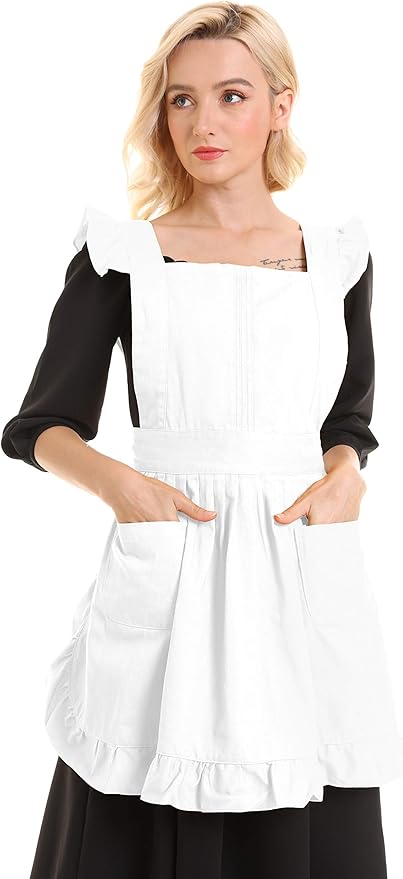 Retro Adjustable Ruffle Apron Kitchen Cooking Baking Cleaning Maid Costume (White)