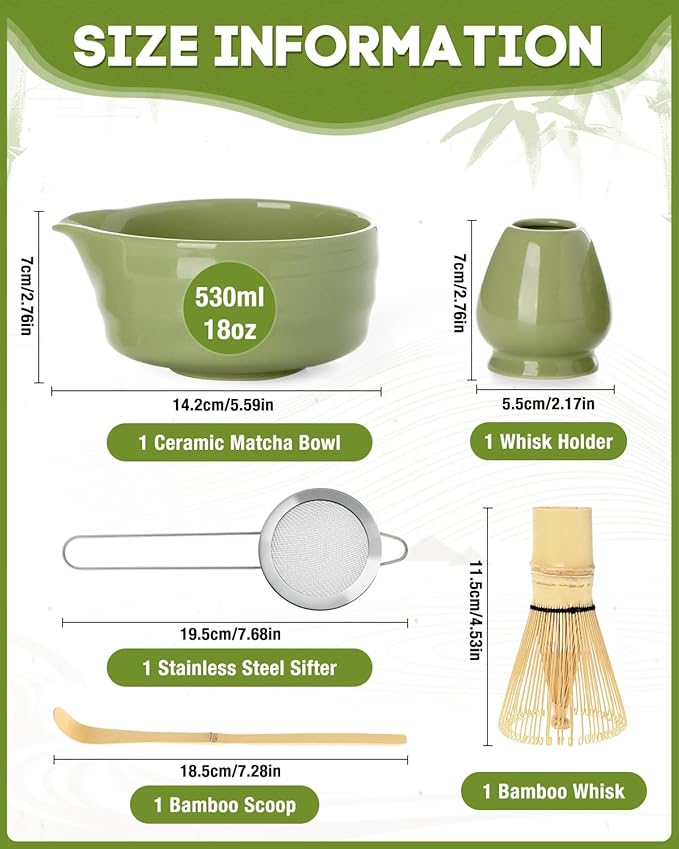 Matcha Whisk Set - 5PCS Matcha Set Includes 17OZ Chawan with Spout, Bamboo Chasen Whisk with Ceramic Holder, Matcha Scoop and Stainless Sifter, Matcha Kit for Ceremony, Gift for Matcha Lovers