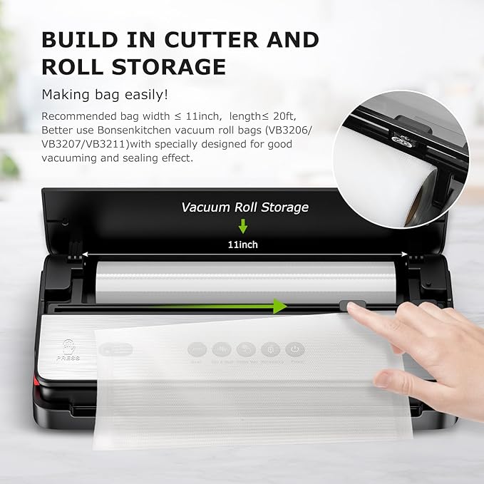 Bonsenkitchen Vacuum Sealer, Multi-Functional Food Sealer with 1 Roll Bag+ 50 Bags, Fast-Compact Design | Bag Storage | Built-in Cutter, External Vacuum System & Accessory Tube, Silver