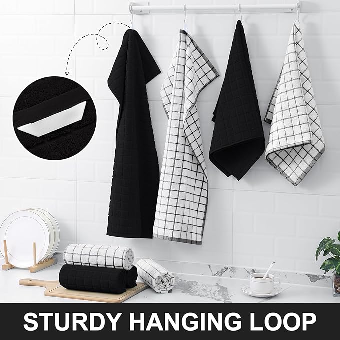 Homaxy Premium Cotton Kitchen Towels 16"x 28", Large Natural Ring Spun 390 GSM Dish Towels, Super Absorbent Terry Kitchen Hand Towels, Soft Tea Towels with Hanging Loop, Black Check Design, 12 Pack
