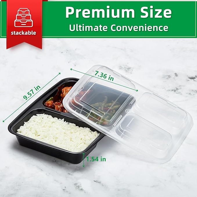 Meal Prep Containers 3 Compartment 20 Pack, 32 oz Divided Reusable Food Storage Containers with Lids Takeout Food Storage Black with 20 Forks, Microwave Dishwasher Freezer Safe, BPA Free