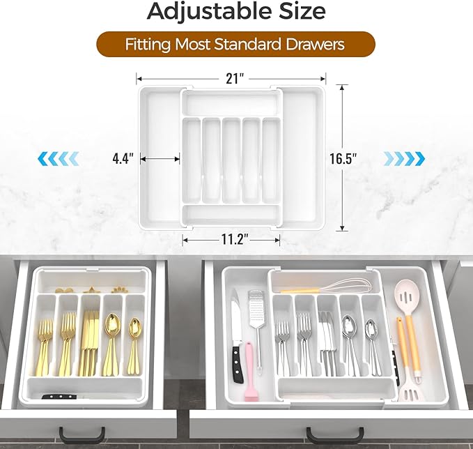 ukeetap Extra Large Expandable Silverware Organizer, BPA-Free Food-Safe Cutlery Flatware Organizer, Kitchen Utensil Drawer Organizer, Adjustable Silverware Holder for Spoons Forks Knives, White