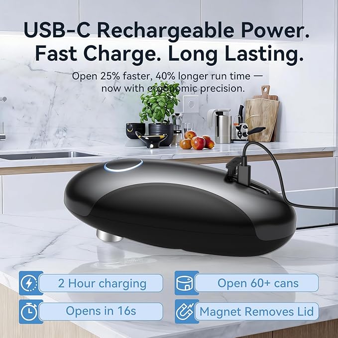 Rechargeable Electric Can Opener for Seniors & Arthritis, Automatic One-Touch Operation, Smooth Edge Cutting with Auto Stop & Magnetic Lid Lifter, Hands-Free, USB-C, Compact, Black