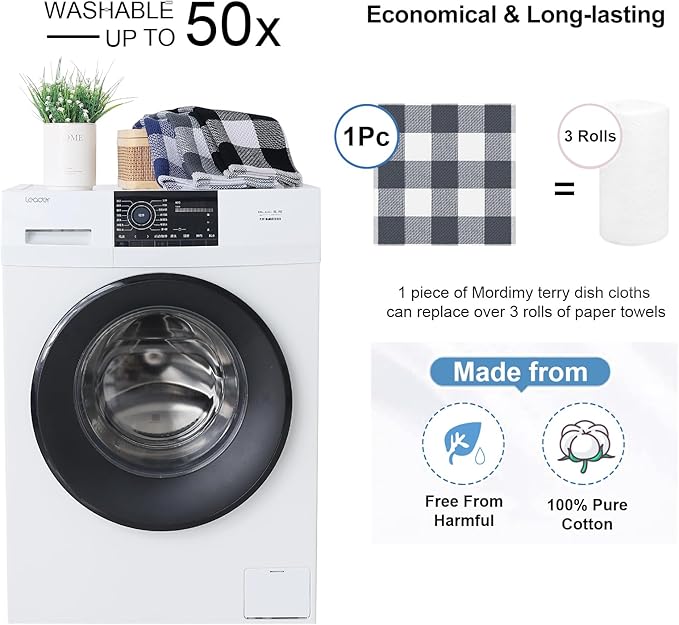 Mordimy 100% Cotton Waffle Weave Plaid Dish Cloths, 12 x 12 Inches, Super Soft and Absorbent Quick Drying Buffalo Check Dish Rags for Kitchen, 6-Pack, White & Dark Grey