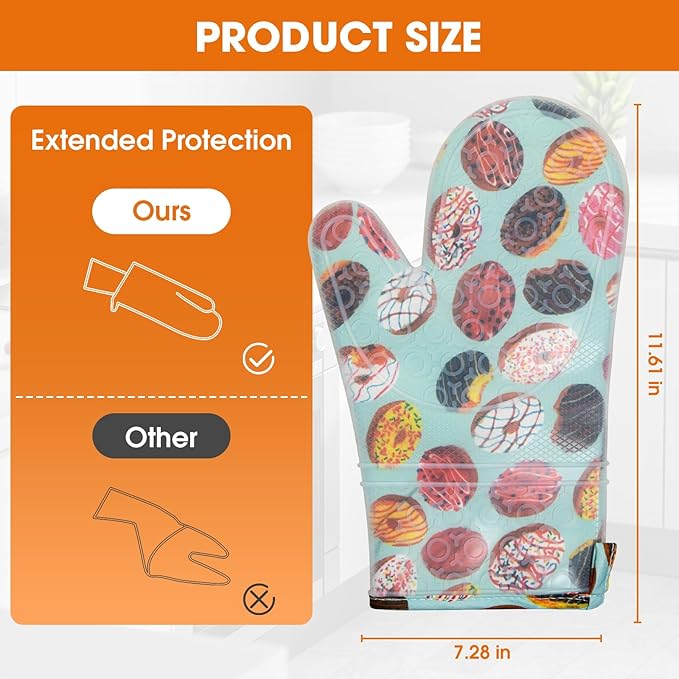 Silicone Oven Mitts Set Heat Resistant 2PCS Kitchen Mittens with Soft Cotton Lining Long Waterproof Non-Slip Oven Gloves for Cooking, BBQ, Baking-Donut