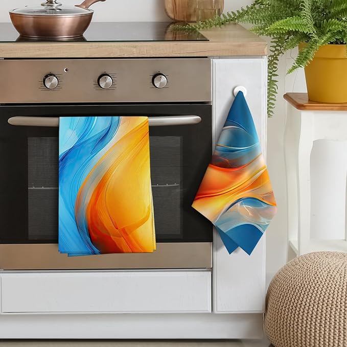 Orange Blue Kitchen Dish Towels Set of 4, Soft Absorbent Marble Decorative Tea Towels Hand Drying Baking Cooking Cloth for Kitchen Orange Blue Decor