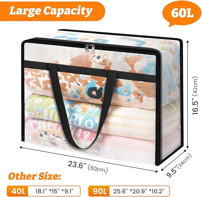BlissTotes 4 Pack Clear Clothes Storage Bags, Moving Bags, Foldable Blanket Storage Under Bed Storage Containers with Sturdy Zipper and Handle for Clothing, Comforter, Bedding, Sheet (60L)