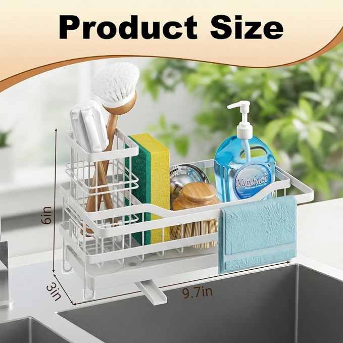 Sponge Holder for Kitchen Sink, Self-draining Sink Organizer with Towel Rack and Brush Holder, Metal Kitchen Sink Organizer for Countertop, White