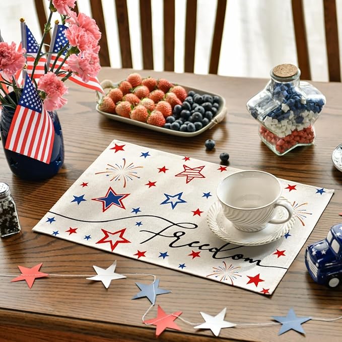 Niviy 250th Anniversary USA Placemats, Red Blue Stars Fireworks Patriotic Placemats Set of 6, 12x18 Inch Memorial Day Independence Day Table Mats for Holiday Party Kitchen Dining Room Decoration