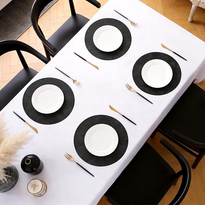 MOSAYT 13 Inch Round Vinyl Placemats Set of 8 - Faux Leather 100% Waterproof Oil-Proof Wipeable PU Place Mats, Heat Resistant Reversible Table Mats for Kitchen, Dining, Outdoor (Black)