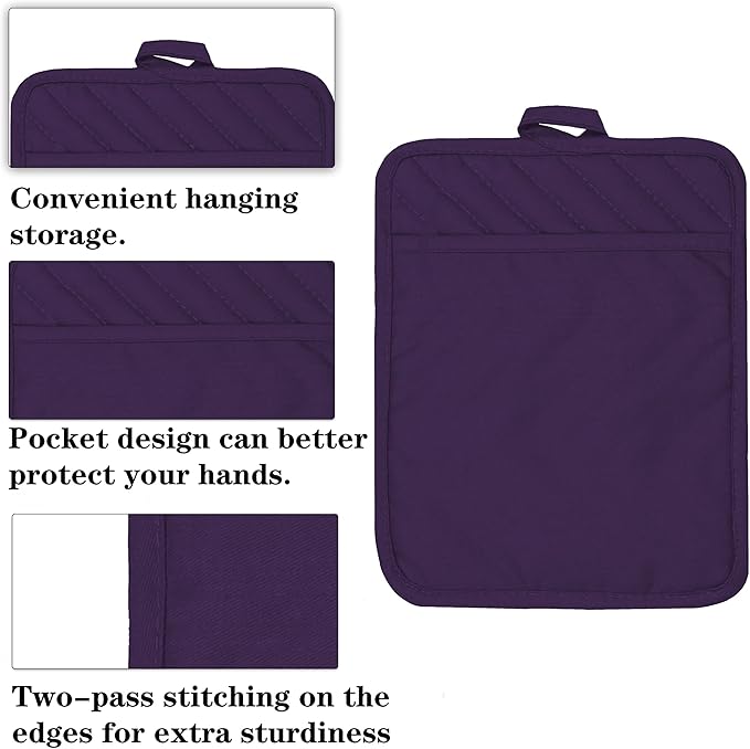 Cotton Pocket Pot Holders Machine Washable Heat Resistant Hot Pads for Kitchen Square Purple Oven Mitts 7"x9" Set of 3