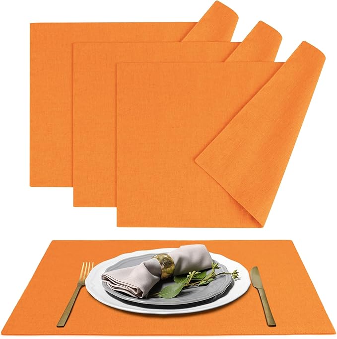 MANSPHIL Orange Placemats Set of 4 Washable Fabric Table Mats Thick Faux Linen Place Mats Heat Resistant Double Layer Wrinkle Free Dining Kitchen Table Decor - 13x19 Inch Oeko Tex Placemat
