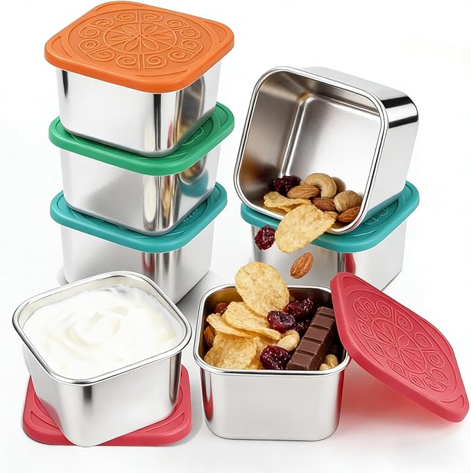 Stainless Steel Snack Box Containers - 8 Pack 6oz Reusable Small Snack Containers with Silicone Lids, 304 Metal Stackable Food Storage Cups, Salad Dressing Dipping Sauce for Travel, Picnic