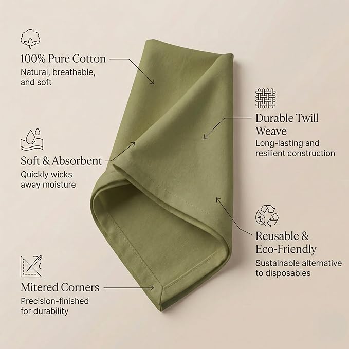 Accent Home 100% Cotton Napkins, Delicate Cloth Napkins for Dinners, Parties and Weddings，18 x 18 Inch Set of 6 - Olive Green