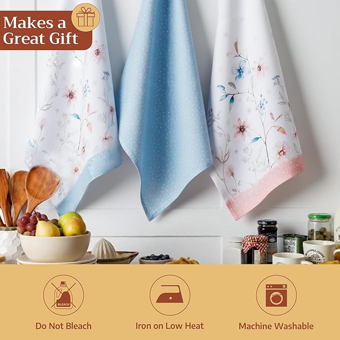 Maison d' Hermine Kitchen Towels Set of 3 100% Cotton 20" x 27.5" Reusable Cloth Tea Dish Towels Absorbent with Hanging Loop for Kitchen Dining Thanksgiving Christmas Decorations (Ice Florals)