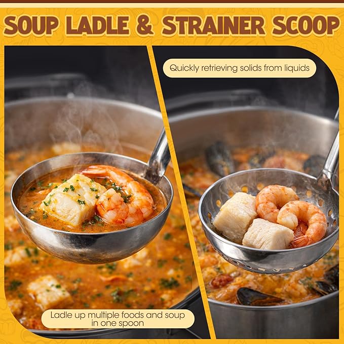 Stainless Steel Soup Ladle Serving Ladle Scoop and Slotted Spoon Set of 2 with Hook for Hanging, Cooking Utensils Set for Kitchen(2 oz)