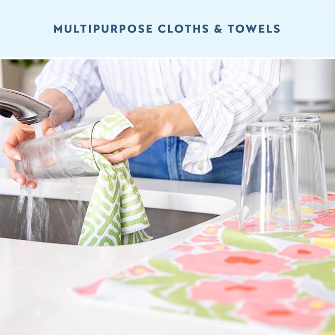 ELYN Microfiber Kitchen Dish Towel & Dish Cloth Set, Quick-Dry & Absorbent Waffle Weave Cleaning Cloths, Set of One Kitchen Towel & Two Washcloths, Paper Towels Alternative (Bold Floral & Geo)