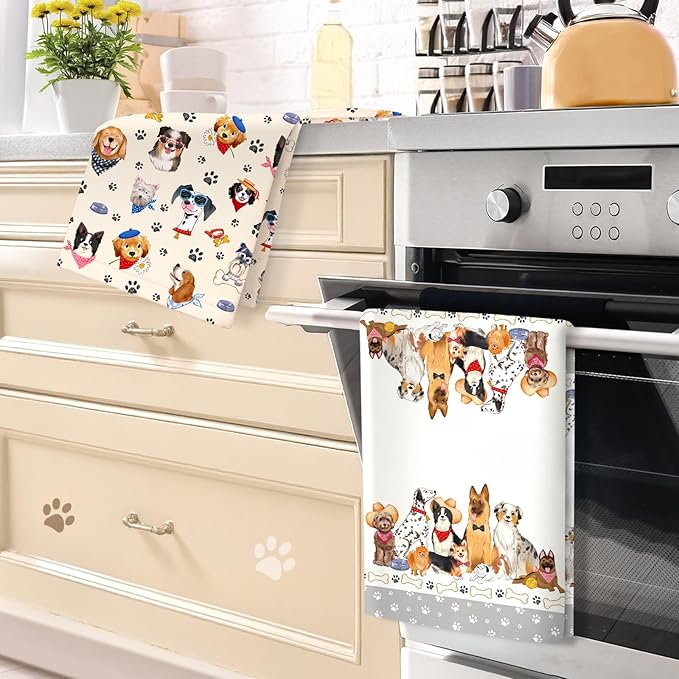 Cute Dogs Tea Towels, Cotton Kitchen Towel 18.9 × 27.5 Inch, Quick Drying Dish Cloth for Party Anniversary Holiday Decoration, Gift for Dog Lovers