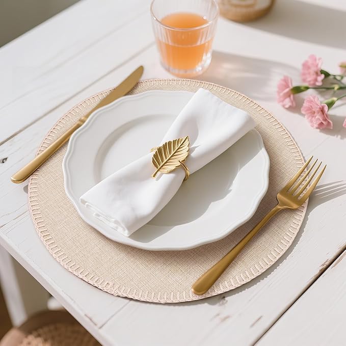 Round Placemats Set of 6, 15 Inch Linen Fabric Table Placemats, Heat Resistant, Wrinkle Free Washable Placemats Kitchen Place Mats Set of 6 for Dining Table Party Table (Beige, 6)