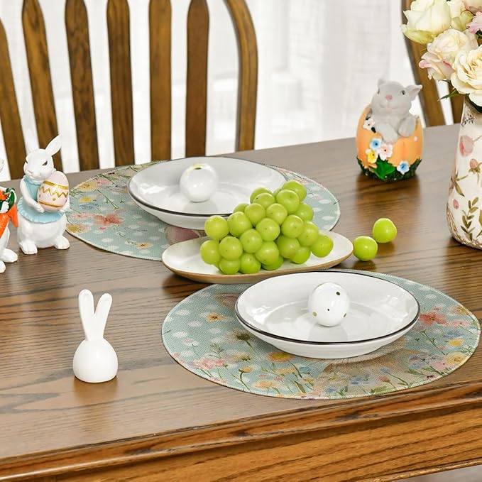 Artoid Mode Blue Bunny Polka Dot Easter Placemats Set of 4, 14 Inch Round Seasonal Spring Holiday Table Mats for Party Kitchen Dining Decoration
