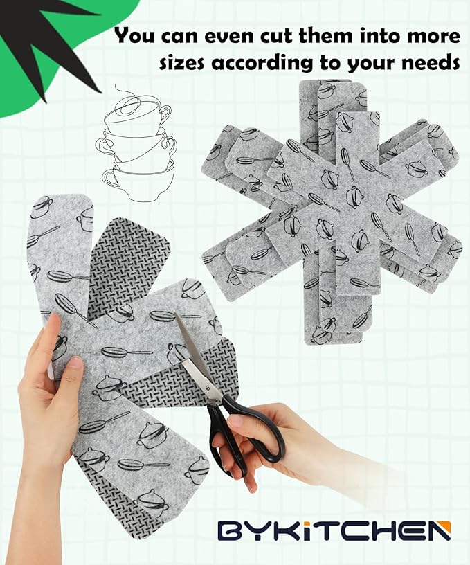 BYKITCHEN Pot and Pan Protectors for Stacking, Set of 9 & 3 Sizes, Felt Pan Separators Dividers Pads for Space Saving, Pot Protectors for Stacking and Protecting Your Cookware