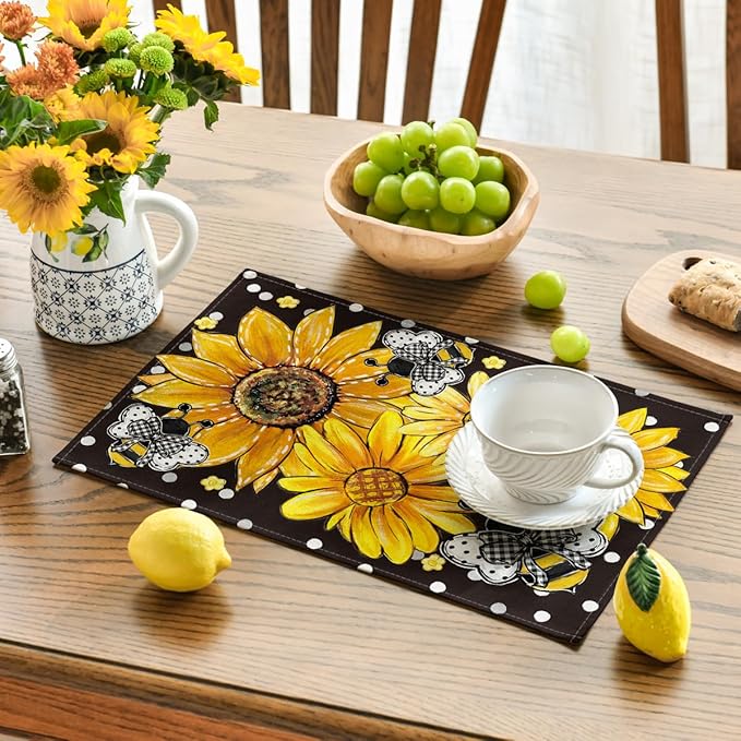 Artoid Mode Black Sunflower Bee Flower Polka Dot Summer Placemats Set of 4, 12x18 Inch Table Mats for Table Runner Party Kitchen Dining Decoration