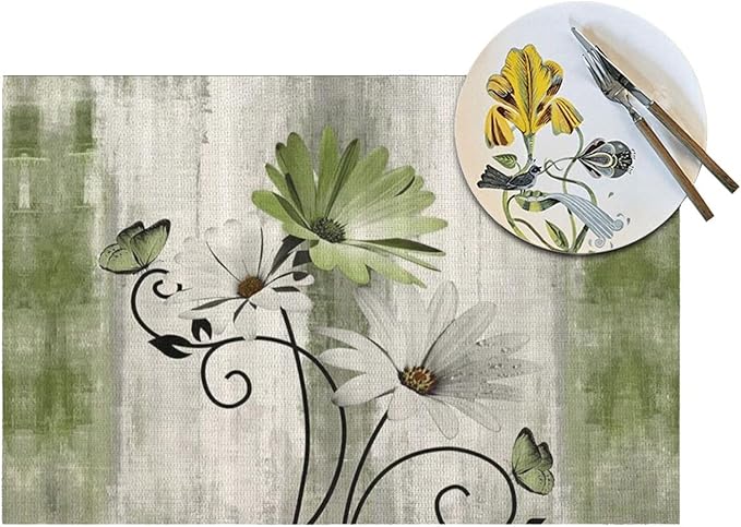Floral Place mats Set of 4, 12x18 Inches Rustic Sage Green Daisy Flower Decorative Placemats Rectangle Floral Linen Table Mats for Party Home Kitchen,Dining Table Decoration