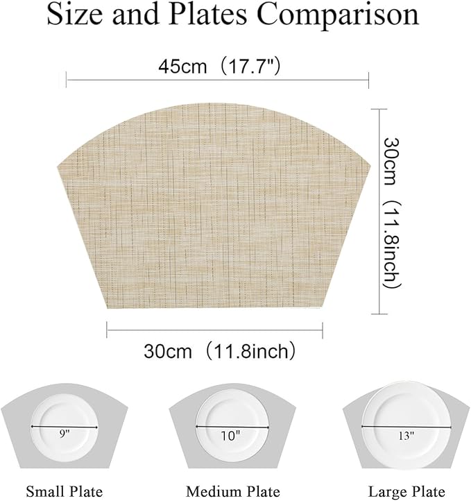 SHACOS Round Table Placemats Wedge Shaped Placemat Set of 4 Non Slip Heat Resistant Woven Vinyl Table Mats Wipe Clean Indoor Outdoor (4, Beige Yellow)