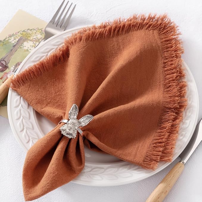 DeZerlor 6 Pack Terracotta Cotton Linen Napkins with Fringe Spring Cloth Napkins Set of 6 Boho Handmade Dinner Napkins Bulk for Wedding Bridal Baby Shower Parties, 17 x 17 Inches