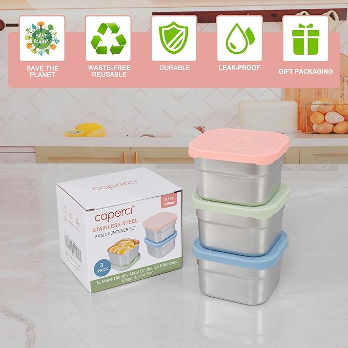 Caperci 3-Pack Stainless Steel Snack Containers with Silicone Lids - 8oz Leak-Proof Small Food Containers for Snacks Condiments - Large Salad Dressing Containers, Reusable & BPA-Free