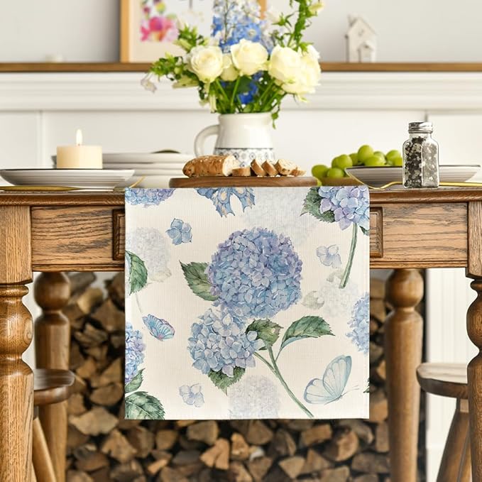 Artoid Mode Hydrangea Butterfly Summer Table Runner, Seasonal Spring Holiday Kitchen Dining Table Decoration for Home Party Indoor 13x108 Inch