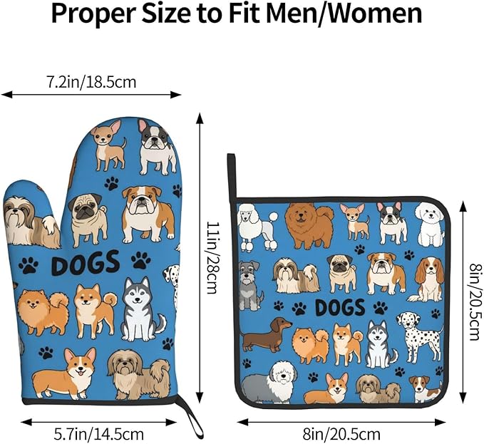 Cartoon Dogs Oven Mitts and Pot Holders Blue Background Heat Resistant Oven Mitts Safe for Baking Cooking BBQ