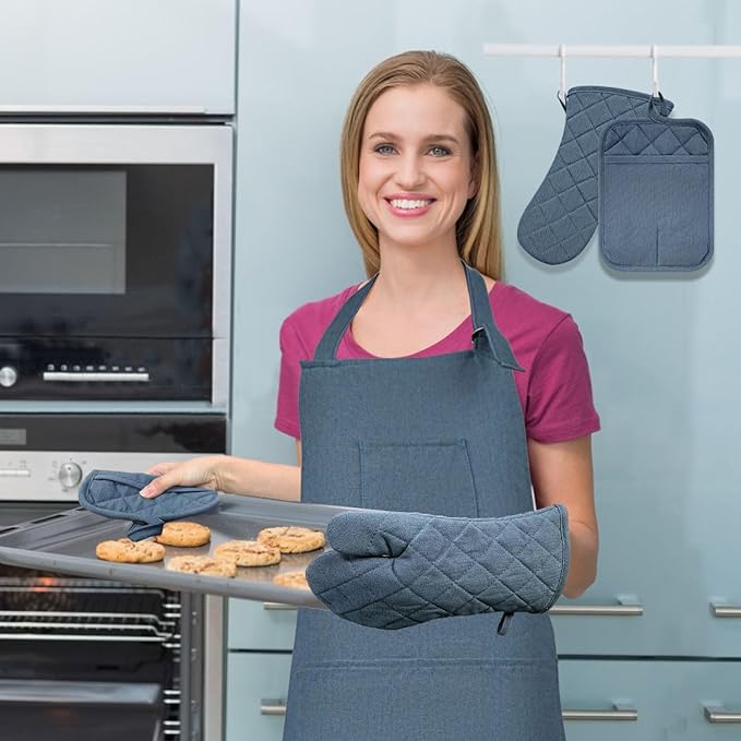 Oven Mitts and Pot Holders with Cooking Apron Set of 5, Heat Resistant Kitchen Gloves and Silicone Non-Slip Potholders, Adjustable Neck Buckle Chef Apron, Cotton Nice Design for Cooking （Navy…