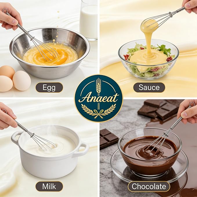 Anaeat Small Wire Whisk Set of 2, Portable Stainless Steel Kitchen Tiny Whisk & Egg Beater with Thick Wire - Sturdy Mini Mixing Balloon for Cooking, Blending, Whiping, Beating and Stirring (6" + 8")