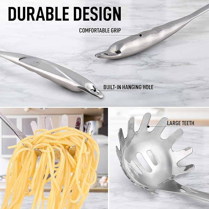 Zulay Kitchen Stainless Steel Spaghetti Spoon - 12” Pasta Spoon with Teeth & Draining Holes - Rust-Resistant Pasta Fork for Noodles & Pasta - Dishwasher Safe Utensil for Everyday Use