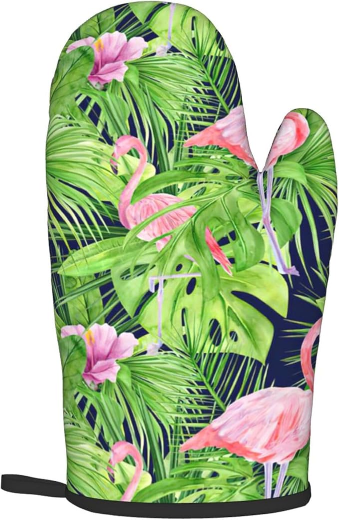 Watercolor Illustration Tropical Leaves Oven Mitts & Pot Holders Sets 2pcs Summer Pink Flamingo Decorative Kitchen Heat Resistant Non-Slip Hot Pad for Cooking Oven Gloves Baking BBQ