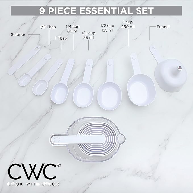 COOK WITH COLOR Measuring Cup Set - 9 PC. Nesting Stackable Liquid Measure Cup, Dry Measuring Cups and Spoons with Funnel and Scraper (White)