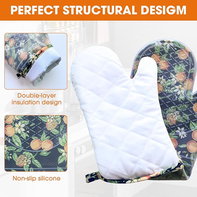 Silicone Oven Mitts Set Heat Resistant 2PCS Kitchen Mittens with Soft Cotton Lining Long Waterproof Non-Slip Oven Gloves for Cooking, BBQ, Baking-Orange