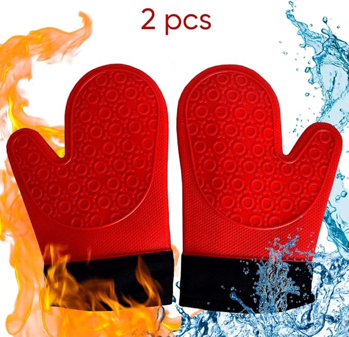 2PCS Red Black Professional Extra Large Silicone Oven Mitts and Pot Holders Oven Gloves Heat Resistant Gloves Kitchen Mittens BBQ Holders for Cooking Grill Rubber for Cooking