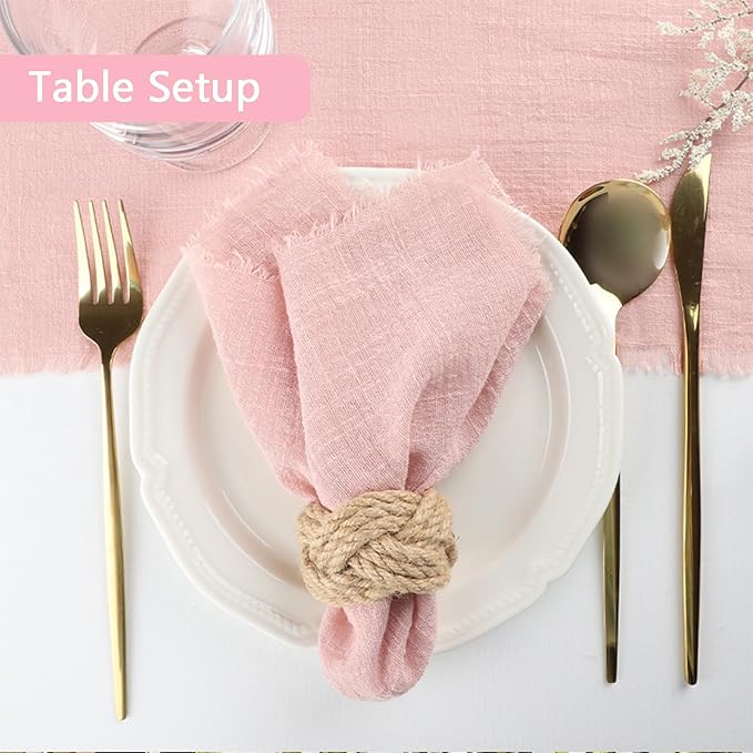 Cotton Blend Fringe Cloth Napkins - Crinkle Gauze Dinner Napkins, Reusable & Washable Table Napkins, 17" x 17" (43 x 43 cm), Multiple Colors, 12/24/48/100 Pack (12, Dusty Rose)