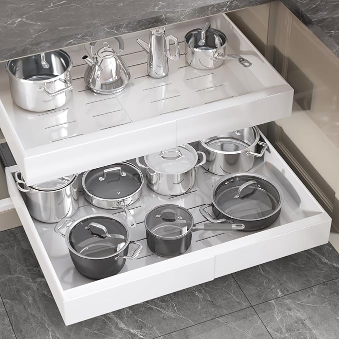 Seinloes 2 Pack Pull Out Cabinet Organizer 18" Deep,Full Extension 3 Slide Rails Slide Out Drawers With Raising Pad for Framed Cabinets,Expandable Width (15.4"-26.2"),No Drill Roll Out shelf,White