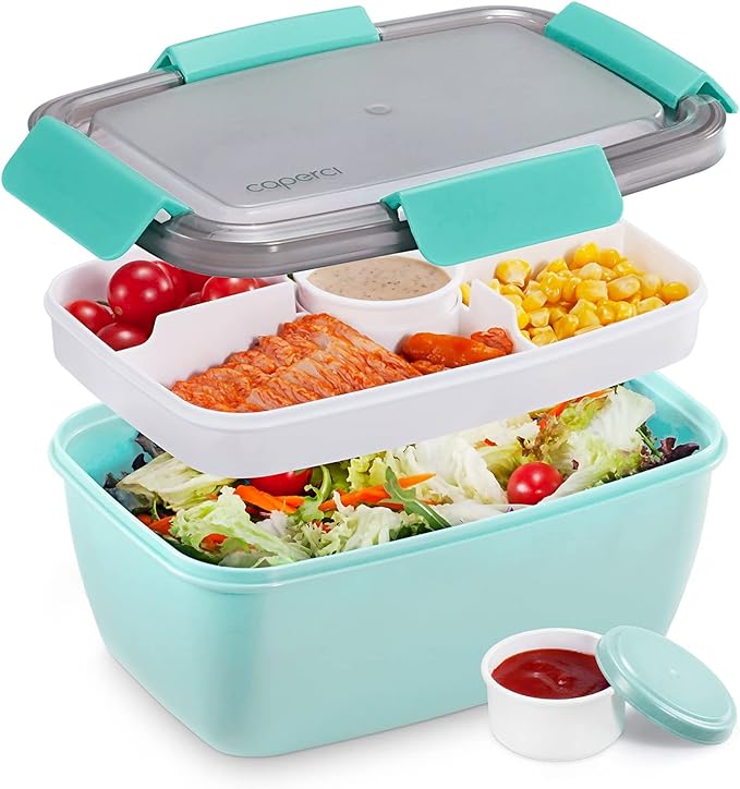 Caperci Large Salad Container Bowl for Lunch - Better Adult Bento Lunch Box 68 oz, 5-Compartment Tray, 2pcs 3-oz Sauce Cups, Stackable, BPA-Free (Aqua Sky)
