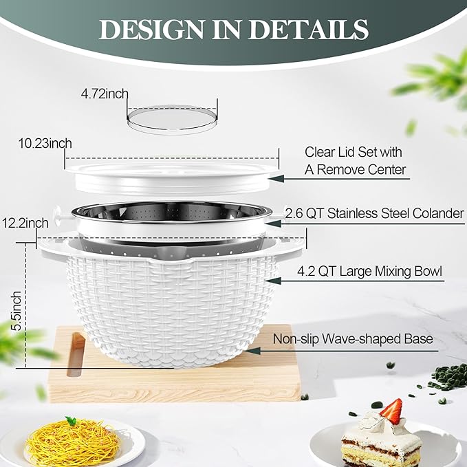 4-1 Colander with Bowl Set - Rotatable Colander for Kitchen(Patented) - Strainers and Colanders - Pasta Strainer with New Upgraded Graters for Fruit Veggie Fun Kitchen Presents - White