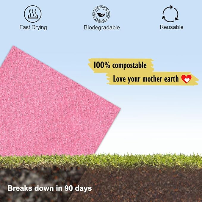 MoLKENE Swedish Dishcloths for Kitchen | 6 Pack Absorbent Cellulose Sponge Cloths Washable | Non-Scratch Reusable Paper Towels Quick Drying Cleaning Cloths - Pink